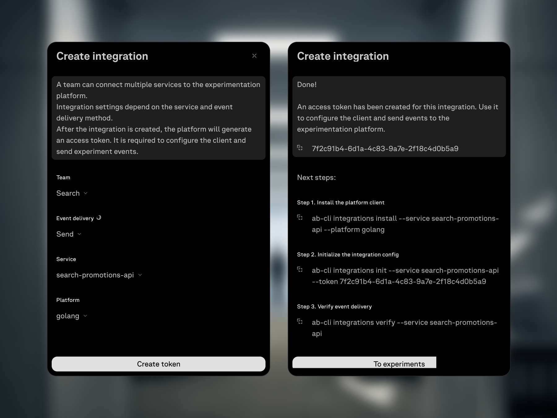 Integration setup with service, platform, token, and implementation steps.