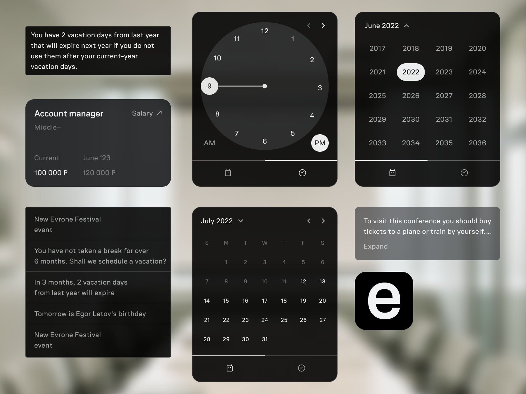 Interface elements for focused actions: dropdowns, pickers, cards, tooltips, and overlays
